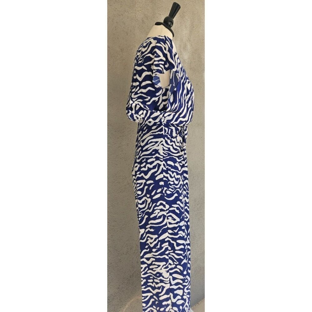 PRABAL GARUNG Blue and White Printed Silk Long Dress Ruched Bodice Size 8 - Picture 3 of 11